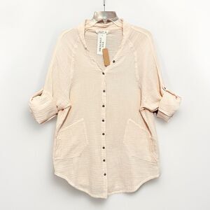 Miss Love Cotton Gauze Top Beachcomber Raw Hem Button Womens Small Oversize